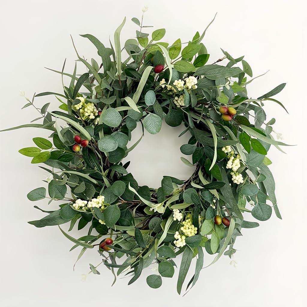 Jobflower 24 Inch Eucalyptus Wreath for Front Door, Artificial Greenery Wreath with Olive Fruit & Berries, Lush All Seasons Farmhouse Wall Decor for Spring Summer Year Round Outside Inside