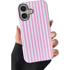 Compatible with iPhone 16 Plus Case Cute Aesthetic Striped Phone Case for Women Girl Shockproof Slim TPU and Hard PC Protective Cover (Pink)