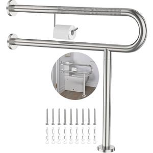 Toilet Grab Bar with Leg 31.5x28 Inch, ZUEXT Brushed Nickel Knurled Toilet Support Bar with Toilet Paper Holder,Stainless Steel Wall & Floor Mounted Bathroom Support Rail for Elderly Disabled Pregnant