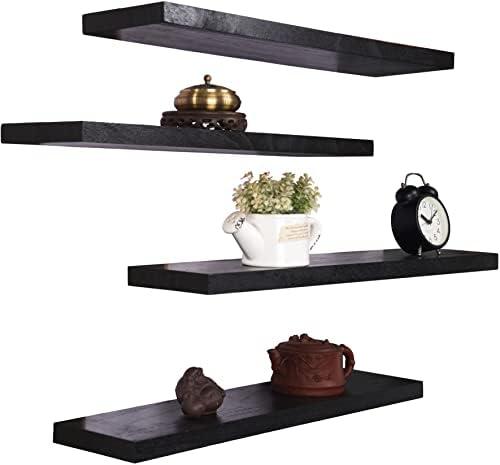 HXSWY Wood Floating Shelves for Wall, Wooden Wall Shelves for Bedroom, Wall Mounted Shelves for Living Room, Set of 4 Black 24 Inch