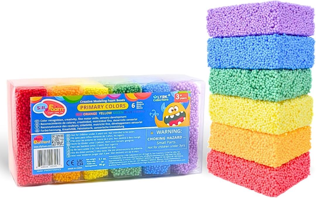 Silly Foam, Creative Modeling Foam Beads, 1-Pack of 6 Primary Colors, Easy Clean Up, Perfect for Preschool and Kids, Arts & Crafts, Sensory Play, STEM, Travel Toy, Holiday Gifts, Non-Toxic (Age 3+)