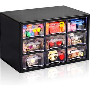 Desk Storage Organizer with 9 Drawers, FODIENS Stackable Desktop Craft Drawer Cabinet, Clear Storage Box Caddy for Makeup Jewelry Office Craft Supplies (9.846.35.9in) (Black)