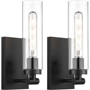 Emak Modern Black Wall Sconces Set of Two, Farmhouse Bathroom Sconce with Clear Glass Shade, 2 Light Bathroom Vanity Light for Living Room, Bedroom, Gallery, WS086-BK-CG-2PK