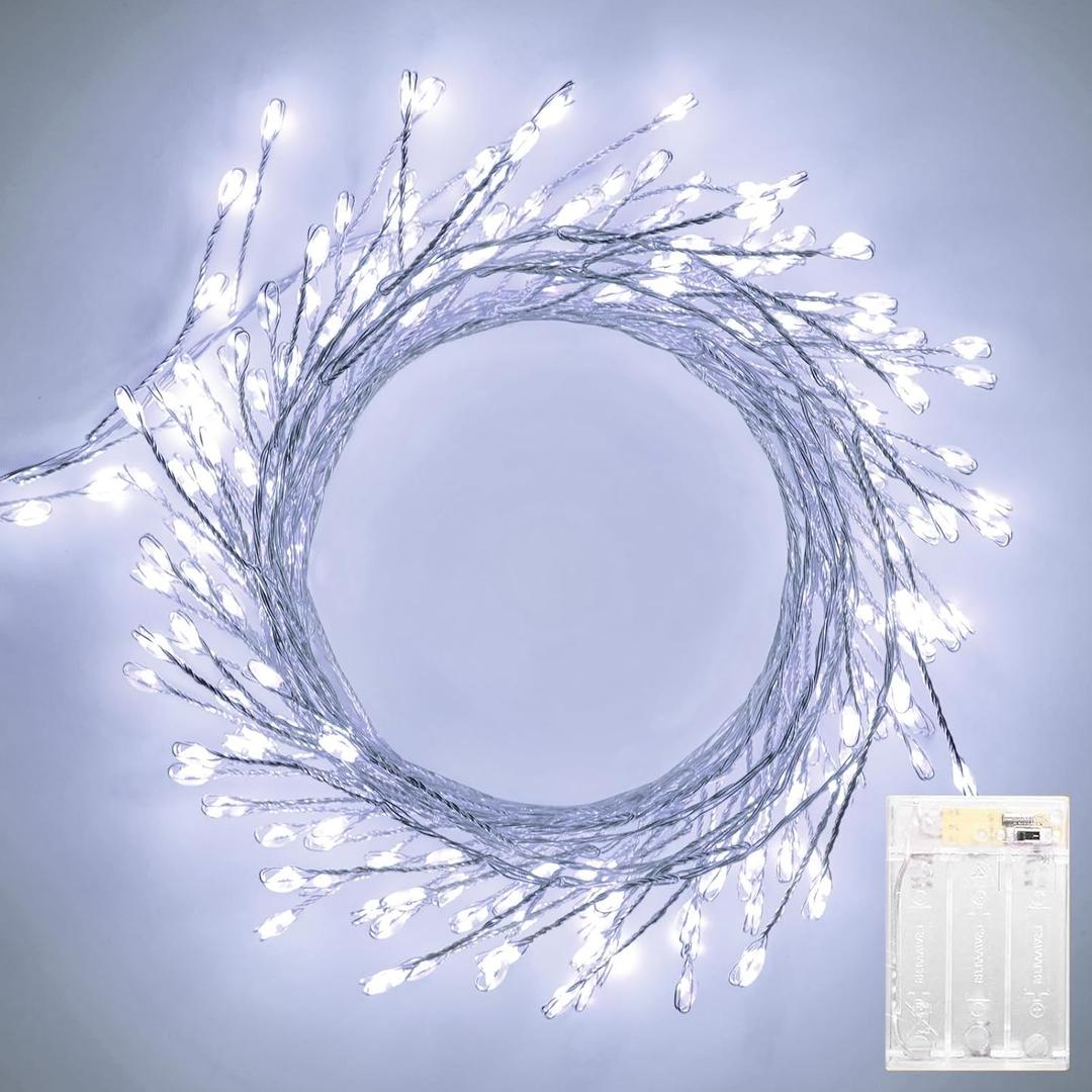 Pure White Battery Operated Fairy Lights, 2 Pack Totally 20 FT 240LED Twinkle Firecracker String Lights, Waterproof Cluster Lights for DIY Indoor Wreath Wedding Bedroom Christmas Decoration