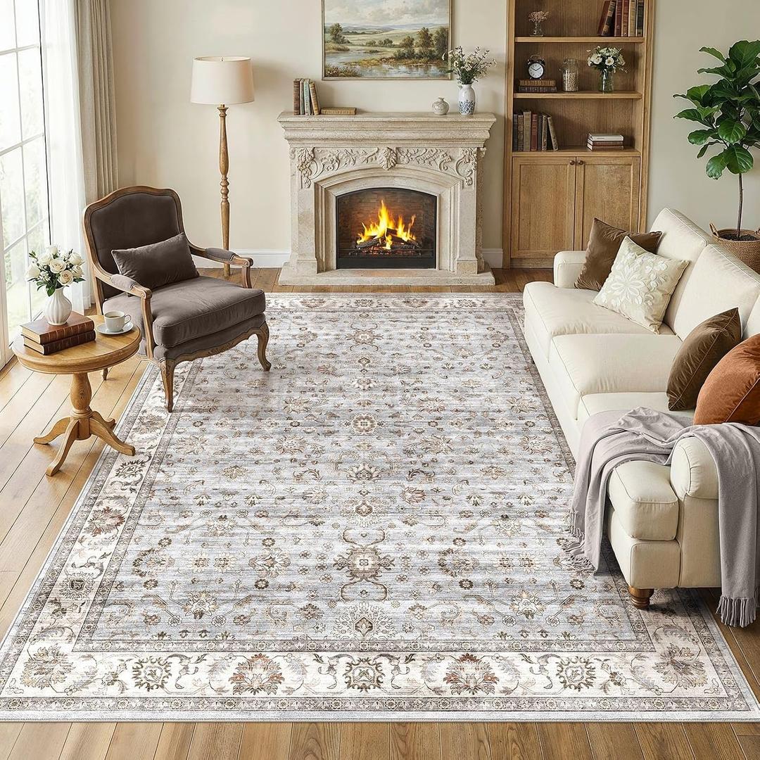 Washable Area Rug 7x9 Non-Slip Floral Boho Carpet, Gray/Light Blue