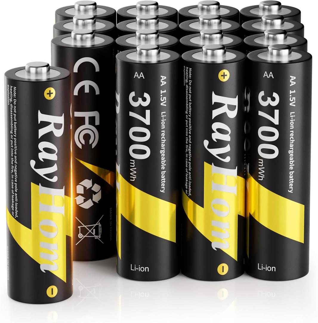 16 Pack AA Lithium Rechargeable Batteries, 3700mWh High Capacity, 1.5V Constant Output, 1600+ Cycles, for Blink Outdoor Camera