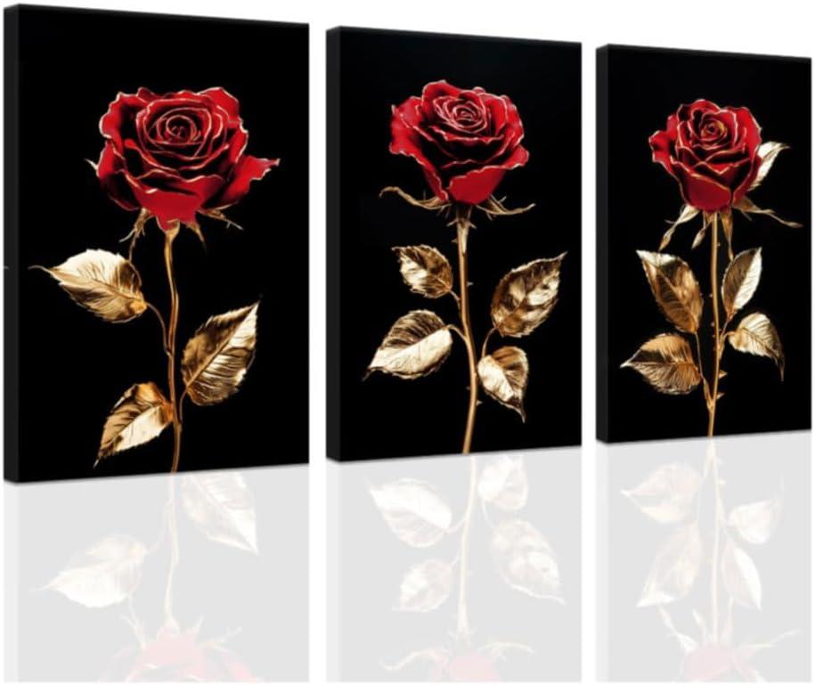 ZXHYWYM Rose Gold Wall Art Set of 3 Black and Gold Flower Painting Prints Red Rose Canvas Pictures Floral Bathroom Bedroom Home Decor Framed (12"x16"x3)