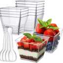 3.8 oz Plastic Dessert Cups with Spoons 50 Pack, Clear Square Mini Dessert Cups Appetizer Cups Parfait Cups Tumbler Cups for Mousse Puddings, Party Supplies