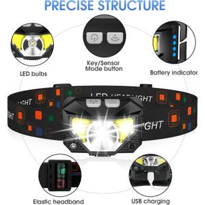 LHKNL Headlamp Flashlight, 1200 Lumen Ultra-Light Bright LED Rechargeable Headlight with White Red Light,1-Pack Waterproof Motion Sensor Head Lamp,8 Modes for Outdoor Camping Running Hiking Fishing (2 Packs, Black)