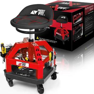 Rolling Shop Stool for Garage with Casters, DO02-Adjustable Height 360 Swivel Shop Seat with Tool Tray Storage, 330 LBS Capacity Padded Mechanic Stool, Magnetic Tool Hold, Heavy Duty, Red