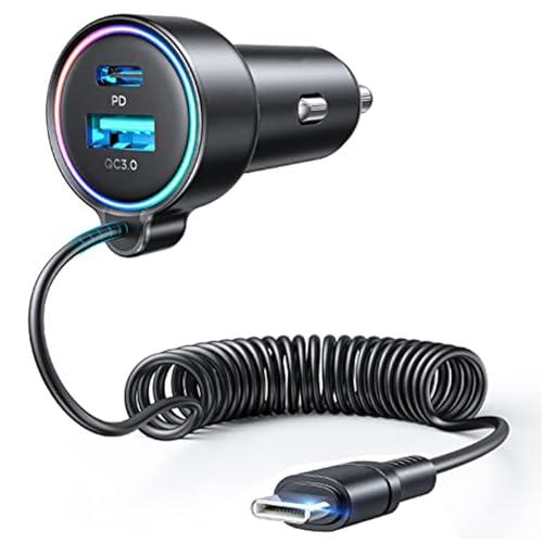 USB C 90W Car Charger for iPhone 17/16 Pro Max, PD & QC3.0 w/5 ft 45W Type Coiled Cable, Fast Car Phone Charger Adapter for iPhone 17Air/15 Pro, Samsung Galaxy S25/S24/S23, Pixel 10/LG/Android, iPad