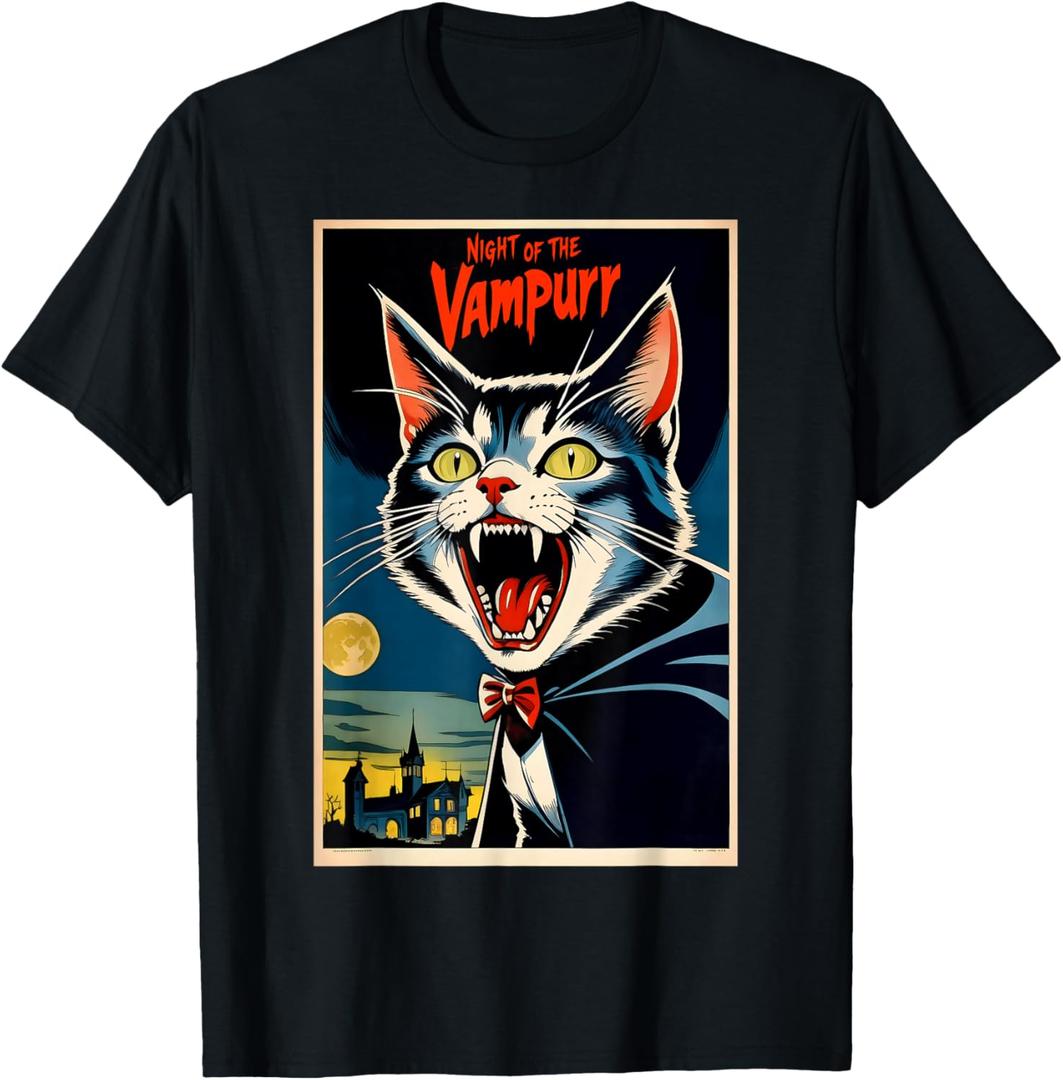 Funny Vampire Cat Halloween Night of the Vampurr Men Women T-Shirt Small