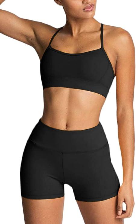IMEKIS Women's Workout Sets 2 Piece Yoga Outfit High Waisted Biker Shorts Leggings Sports Bra Gym Fitness Clothes Tracksuit M, Black