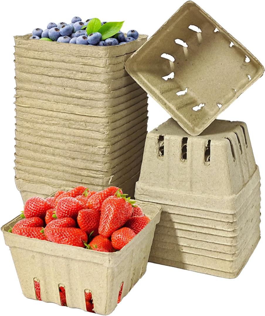 30 Pack Natural Pulp Fiber Berry Basket,Small Molded Produce Vented Basket Kitchen Supplies for Strawberry Blueberry Raspberry, Fruit Tray for Fruit Vegetable Farmer Market Grocery (Small)