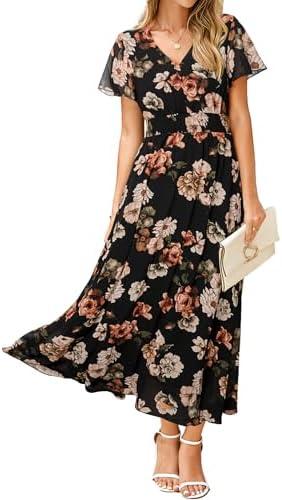 Simplee Womens Floral Maxi Dress - Short Sleeve Summer Boho Wedding Guest Dress Empire Waist Chiffon Modest Midi Dresses Large, Black 3 