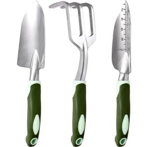 3 PCS Heavy Duty Aluminum Gardening Tool Set for Men & Women Including Hand Shovel, Hand Rake & Transplanter Trowel with Soft Rubberized Non-Slip Ergonomic Handle