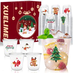 12oz Christmas Disposable Plastic Cups-Xmas Tree Santa Reindeer Snow Cold Drinks, Coffee, Beer, Drinks, Ice Cream, Drinking Cups for Party Supplies Winter Coffee Juice Drink Party Supplies. (100)