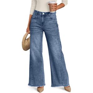Trendy Queen Women's Wide Leg Jeans, Relaxed Loose Straight Leg with Raw Hem, Comfort Denim Pants, Blue 14
