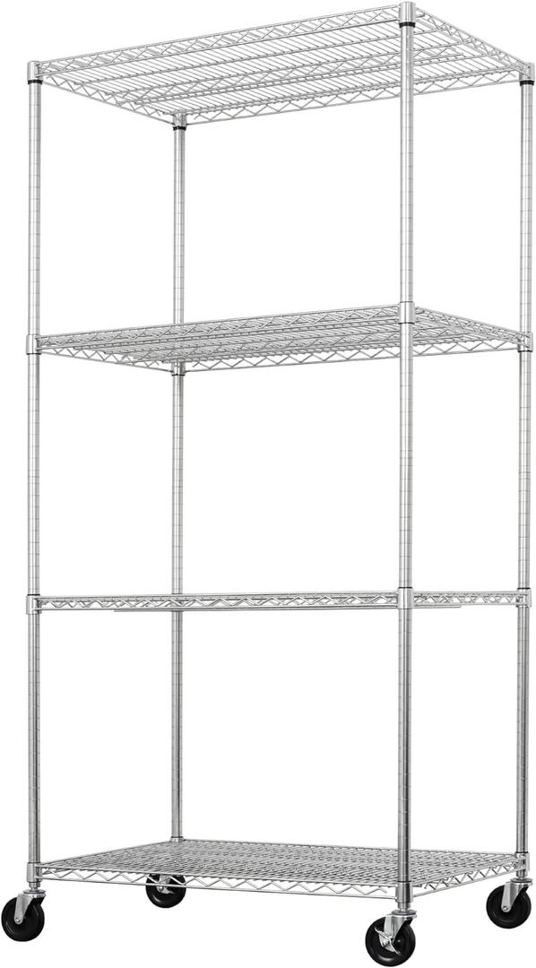 SafeRacks - NSF Certified Storage Shelves, Zinc, Heavy Duty Steel Wire Unit with Wheels and Adjustable Feet, Garage or Bakers Rack, Kitchen, Pantry Shelf - (36"x24"x72" 4-Tier) (Silver)