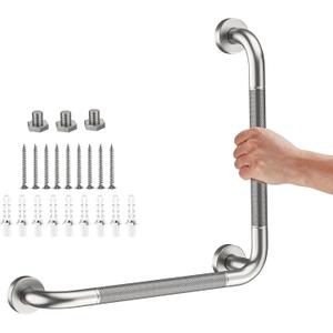 Angled Grab Bar 16x16 Inch Stainless Steel Knurled Toilet Handles Wall Mounted Bathroom Handicap Safety Rails for Elderly Injured Balance Support, L-Shaped Brushed Nickel Grab Bar for Shower