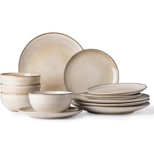 AmorArc Ceramic Dinnerware Sets for 4, 12 Pieces Handpainted Stoneware Plates and Bowls Set, Scratch Resistant Dishes Set, Dishwasher & Microwave Safe, Cappuccino (Service for 4, Cappuccino)