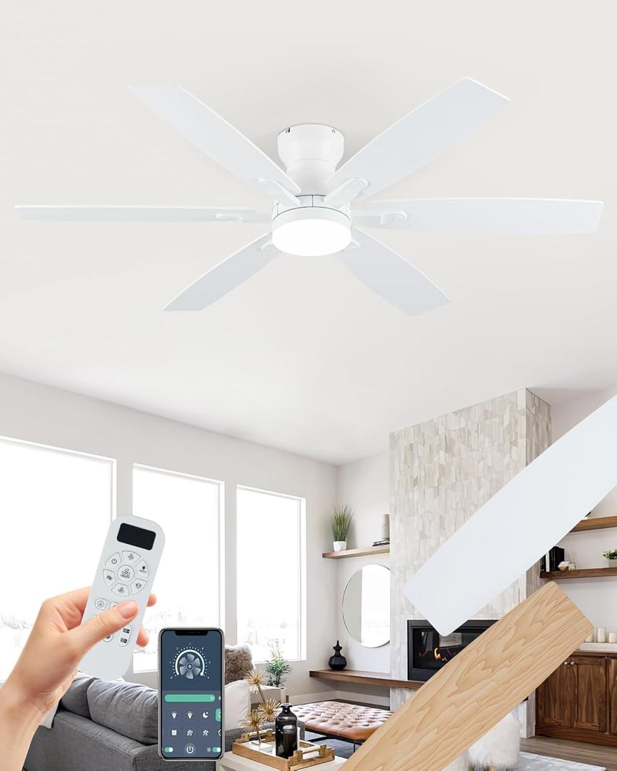 Coolwind 52" Low Profile Ceiling Fan with Light, White 6 Speed Reversible DC Motor, 6 Double-Side Blades and App/Display Remote Control, 3CCT Dimmable Led Flush Mount Ceiling Fan for Bedroom