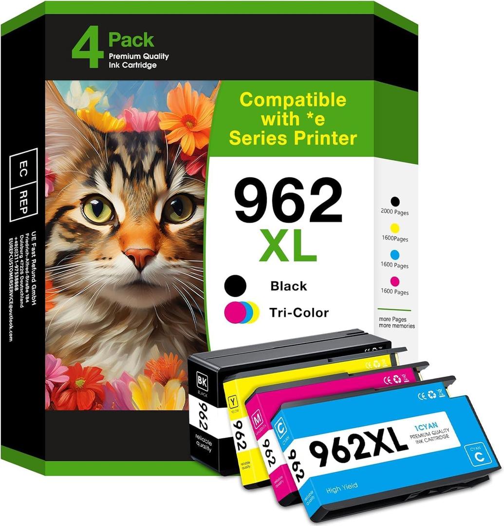 Compatible Ink Cartridge Replacement for HP 962XL. Works for HP OfficeJet Pro 9010, 9012, 9013, 9014, 9015e, 9016, 9018, 9019, 9020, 9025 Printers. 4 Pack (Black, Cyan, Magenta, Yellow)