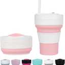 12 OZ Collapsible Travel Cup with Lid, Silicone Foldable Drinking Cup for Camping Hiking,Portable Silicone Water Bottle for Hot and Cold Beverages with Straw- Pink & White