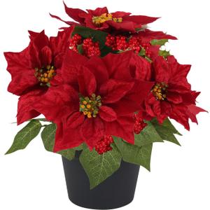 14" Artificial Poinsettias Christmas Plants with Red Berry Fake Poinsettia Flowers in Pot for Home Garden Portch Office Indoor Outdoor Christmas Decorations Red