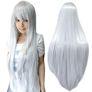 ANOGOL Hair Cap+32Inch/80cm Silver Wig for Women Cosplay Wig, Peluca Larga Plateada for Anime Cosplay Women Halloween Costumes, Silver White Wig Straight Wig for Halloween Party