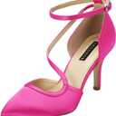 ERIJUNOR Women Comfortable Mid Heel Ankle Strappy Dress Pumps Pointed Toe Satin Wedding Evening Party Shoes (7, Hot Pink)