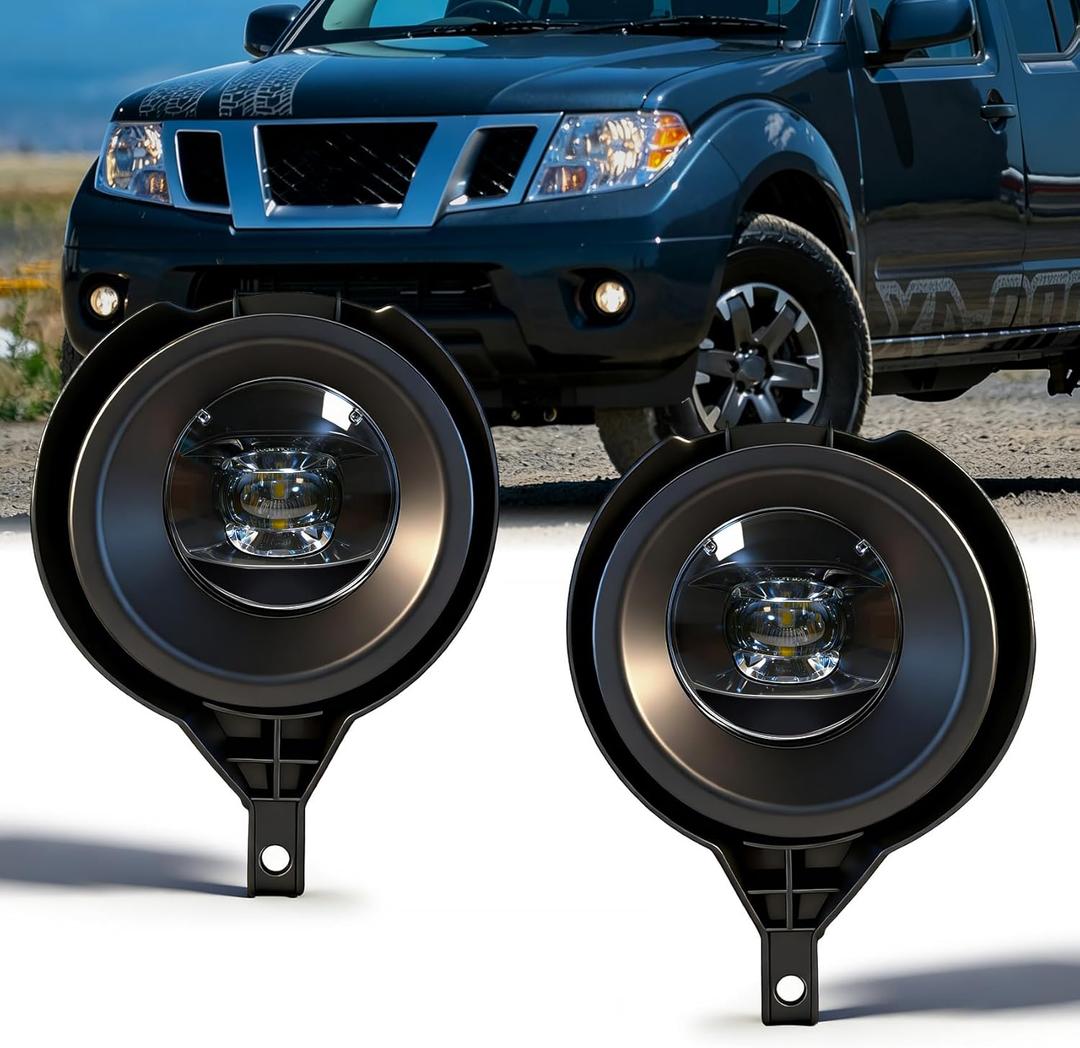 LED Fog Lights Assembly Compatible with 2005-2019 Nissan Frontier (Chrome Bumper Only), 6000K White LED Driving Fog Lamps with Wiring Harness and Switch, DOT SAE Certified, No External Bulbs Needed