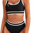 Women's High Waisted Bikini Sets Sporty Two Piece Swimsuits Color Block Tummy Control Modest Bathing Suit（Black/Bikin Set） (Black, M)