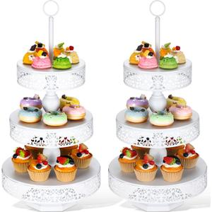 Dandat 2 Pcs Cupcake 3 Tiered Metal Dessert Stand Round Cupcake Tower Cake Holder Stand Tiered Serving Tray for Wedding Baby Shower Birthday Tea Party Table Decor(White)