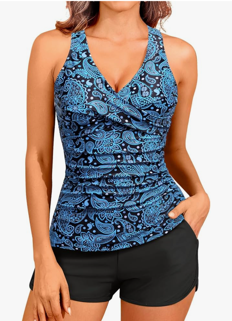 Women Tankini Swimsuits with Shorts - Two Piece Tummy Control Bathing Suits Top with Two Pockets Bottom Swimwear