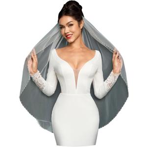 Pearl Fingertip Length Wedding Bridal Veil with Comb for Bride (White)