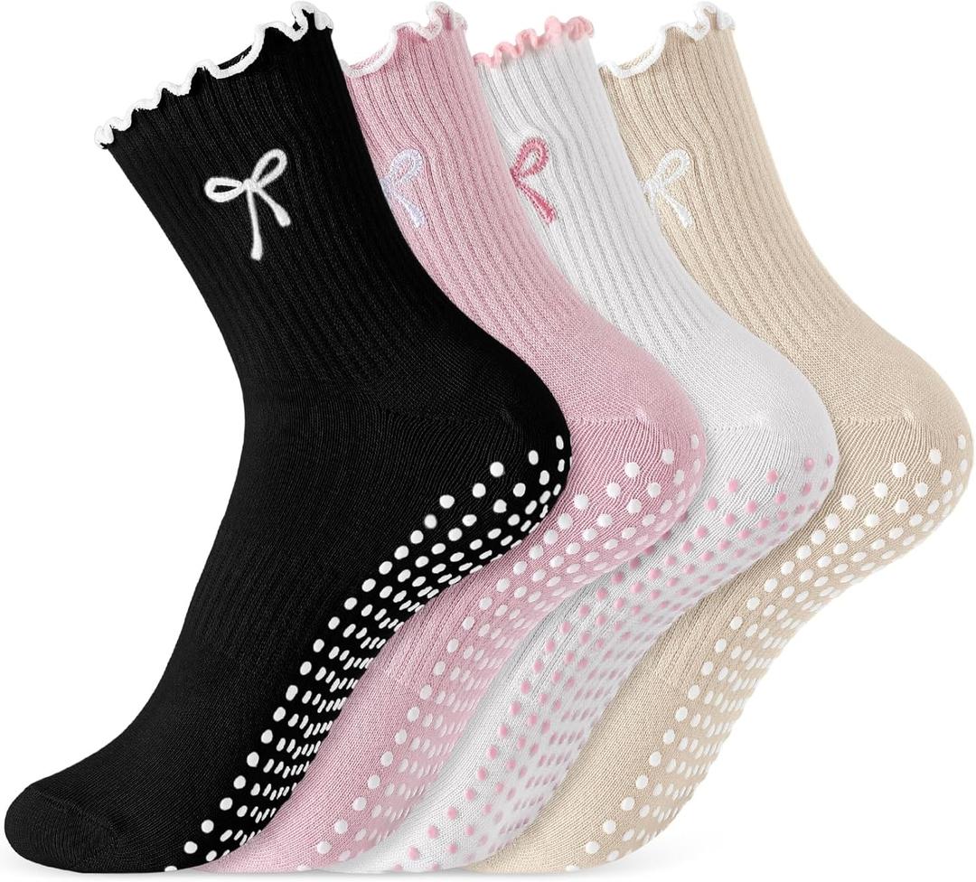 Jeyiour 4 Pairs Cute Pilates Grip Socks for Women, Ruffle Non Slip Crew Grippy Yoga Socks with Bow for Gym Ballet Barefoot (Black/White/ Pink/Beige)
