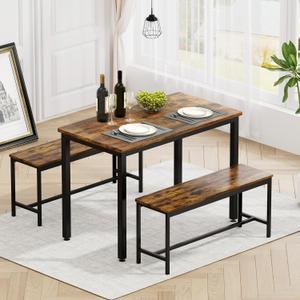 Rovibek Dining Room Table Chairs Set for 4, Modern Space Saving Kitchen Table with 2 Benches & Adjustable Feet Breakfast Table, Wooden Industrial Style Farmhouse, 43", Brown