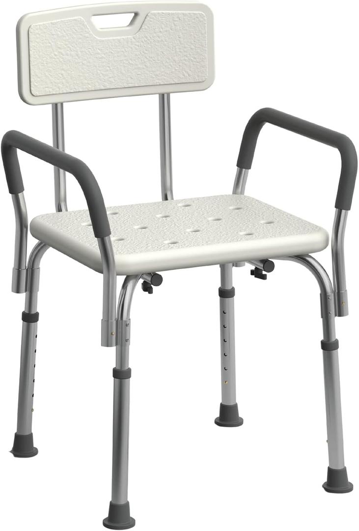 Medline Shower Chair Seat with Padded Armrests and Back, Heavy Duty Shower Stool for Bathtub, Slip Resistant Shower Seat with Adjustable Height, Shower Bench for Inside Shower with 350 lb Capacity (White)