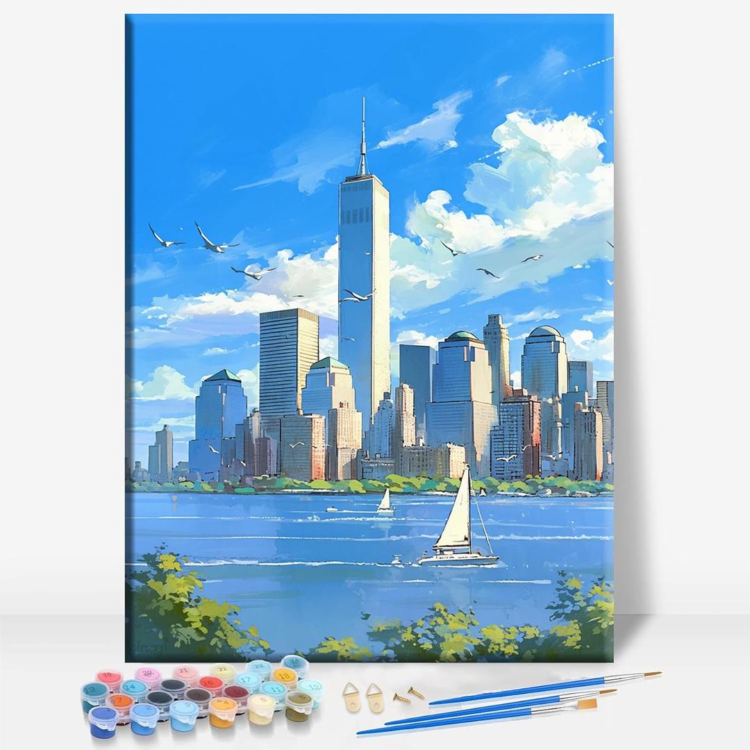 Aeontinity World Trade Center WTC New York State Framed Canvas DIY Paint by Numbers Kit Bar Cafe Cave Home Room Wall Bathroom Porch Patio Decor Gift, 16 x 12 Inch