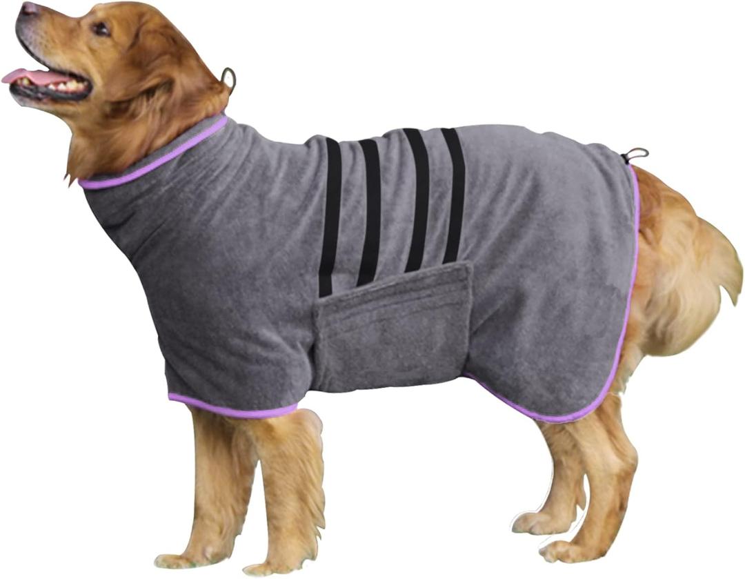 HhiMyOct Dog Drying Coat - Fast Drying Dog Towel Robe - Microfiber Super Absorbent Pet Bathrobe, Adjustable Collar & Belly Strap Fast Drying Coat Pet Dog Cat Bath Robe Towel (Medium, Grey)