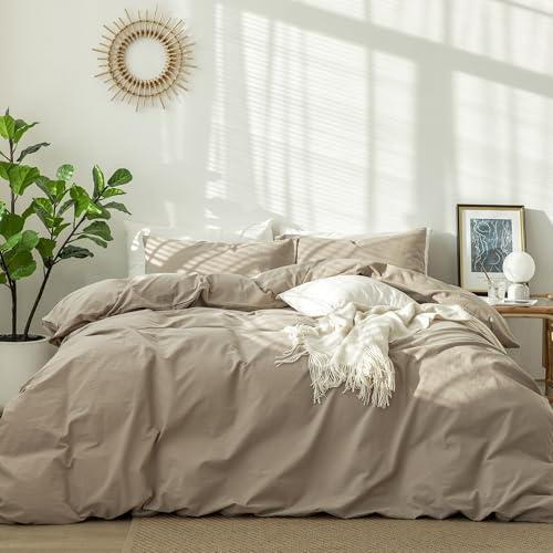 MooMee Bedding Duvet Cover Set 100% Washed Cotton Linen Like Textured Breathable Durable Soft Comfy (Solid Light Camel, King 104"x90")