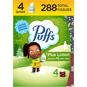 Puffs Plus Lotion Facial Tissue, 4 Mega Cube Boxes, 72 Tissues Per Box