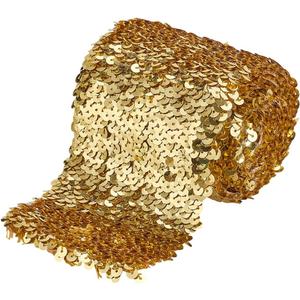 FINGERINSPIRE 2.5 Yards Sequin Trim 4inch Wide Gold Elastic Sequin Ribbon Flat Paillette Lace Trim Stretch Bling Paillette Ribbon Metallic Fabric for Dress Headband Sewing Craft