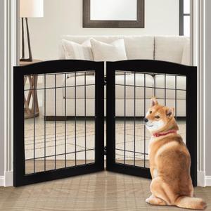 LZRS 2-Panel Freestanding Foldable Wood Dog Gate  Solid Wood & Steel Wire, Chew-Resistant Pet Barrier for Indoor Use, Ideal for Small to Medium Dogs, Black