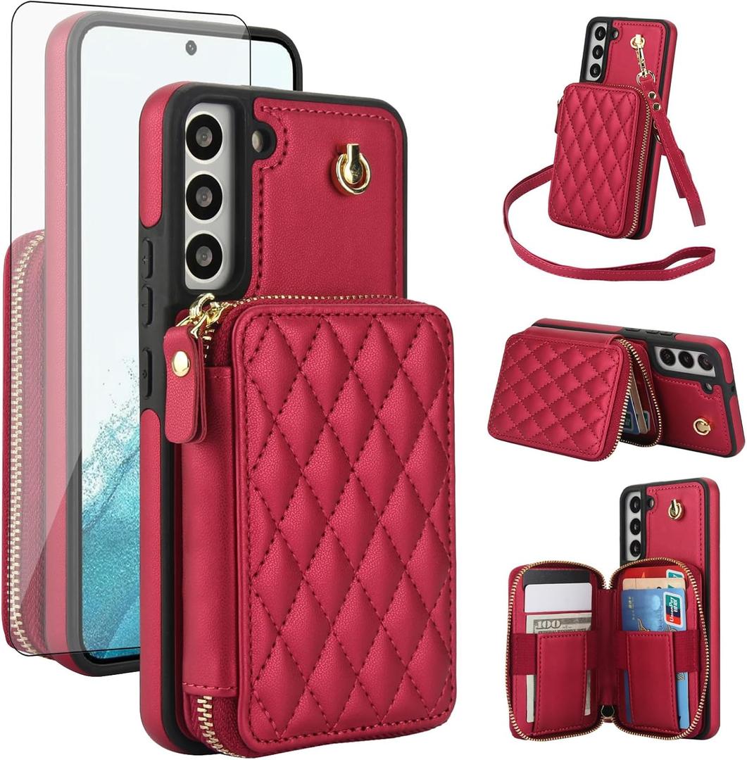 Phone Case for Samsung Galaxy S21 FE 5G Wallet Cell Cover with Tempered Glass Screen Protector Wrist Crossbody Strap RFID Blocking Card Holder S 21 EF S21FE5G UW S21FE 21S G5 6.4 inch Women Girls Red