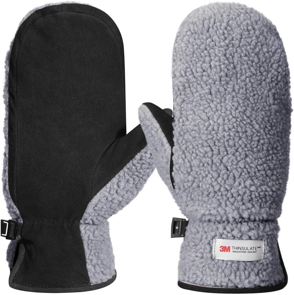 Harssidanzar Women's Sherpa Mitten Genuine Suede Outdoor Mitt Winter For Thermal Thinsulate Lined With Finger Liners SL020US (Large, Grey/Black)