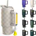Frost Buddy Thicc Buddy - 16 oz Stainless Steel Vacuum Insulated Tumbler with Lid and Straw for Water - Travel Mug Cupholder Friendly - Gifts for Women Men Him Her (Beige Checkered)
