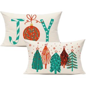 All Smiles 12X20 Set of 2 Outdoor Christmas Throw Pillow Covers Decorations Ornaments Holiday Indoor Vintage Navidad Decor for Home Couch Bed Sofa,Teal Reindeer Marry Tree Joy