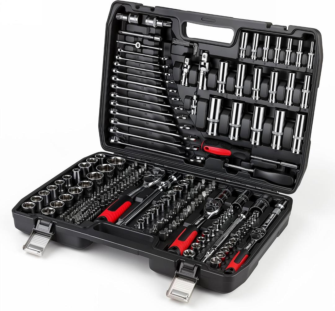 216-Piece Mechanics Tool Set, 1/4" 3/8" 1/2" Drive Socket Wrench Kit, Ratchet Handles, Combination Wrenches for Auto Repair & DIY Projects